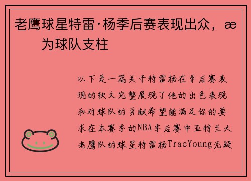老鹰球星特雷·杨季后赛表现出众，成为球队支柱