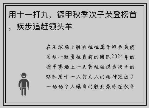 用十一打九，德甲秋季次子荣登榜首，疾步追赶领头羊